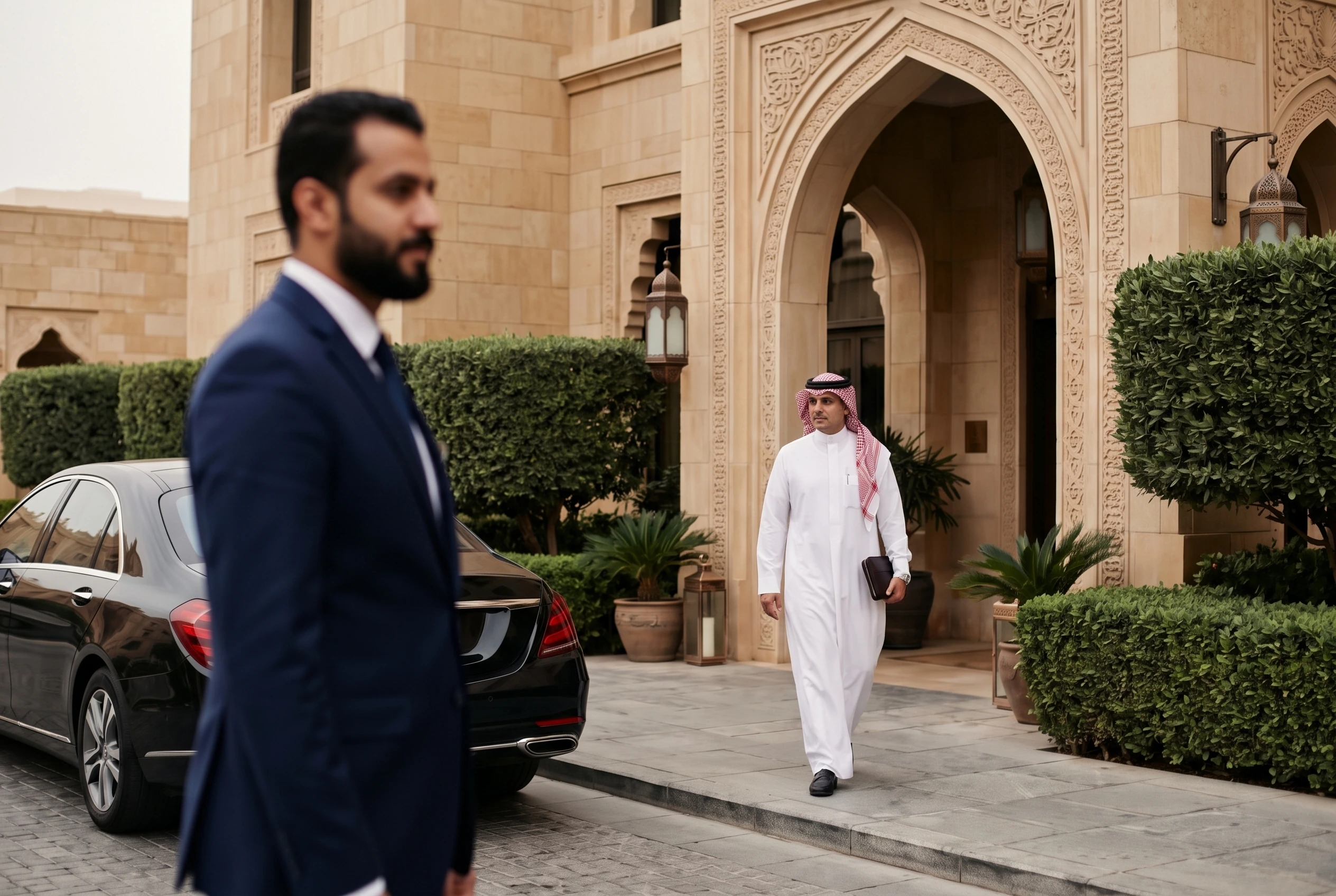 A guest escorted from the entrance to a waiting car