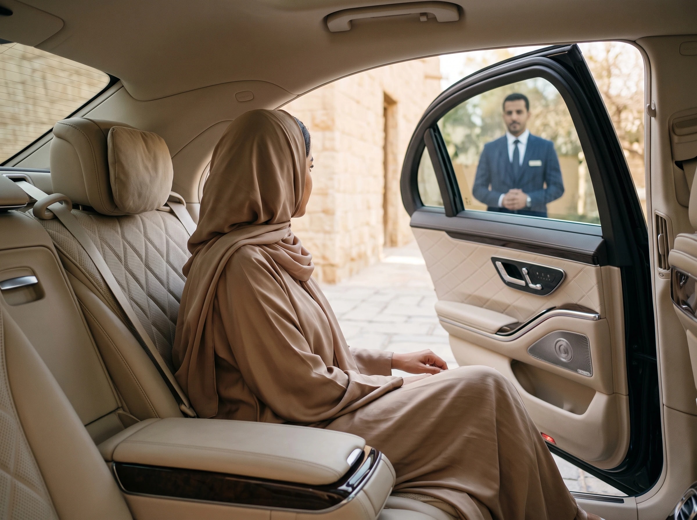 A guest seated in the rear of a chauffeur-driven car as the door is opened