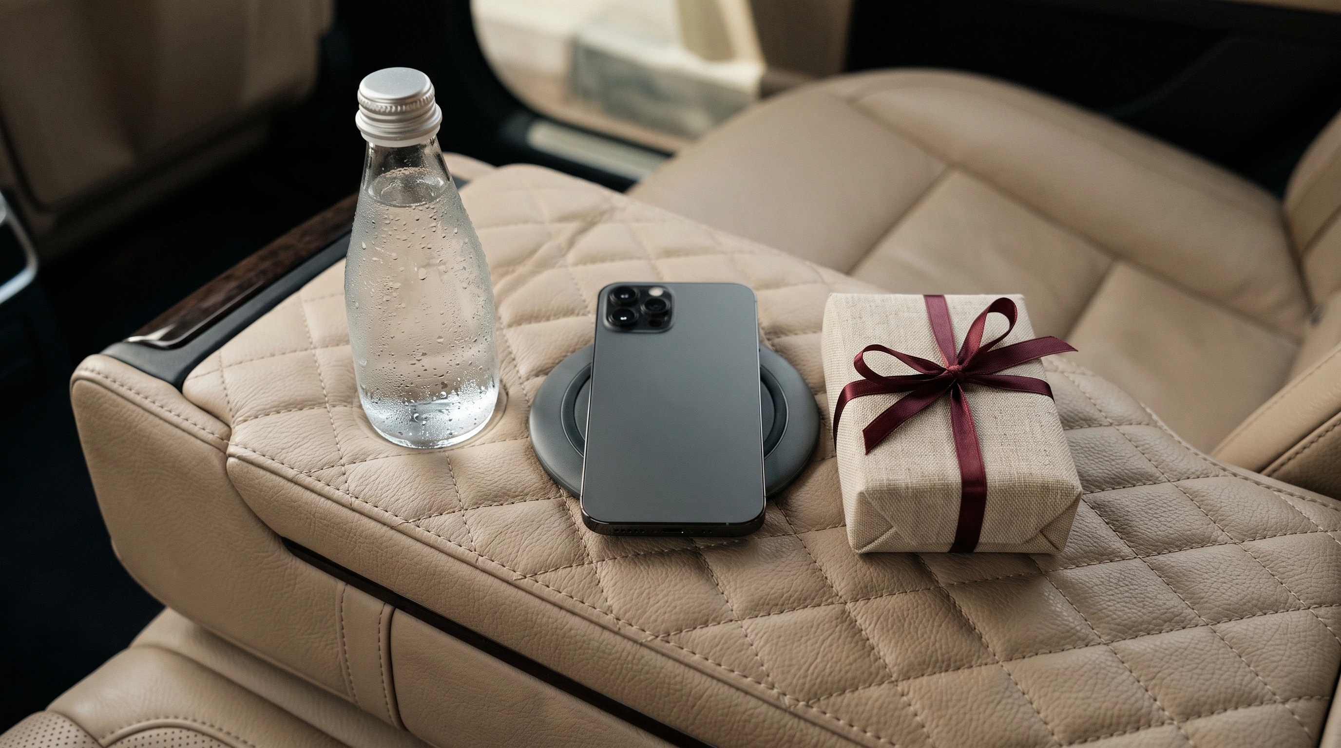 Chilled water, a phone charger and a wrapped gift set out on the rear armrest